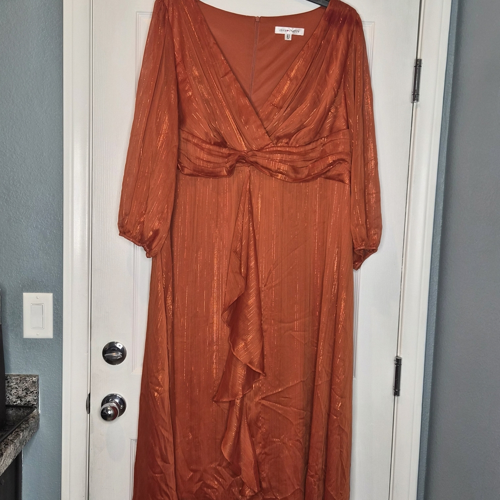 Rust Orange V-Neck Long Sleeve Maxi Dress